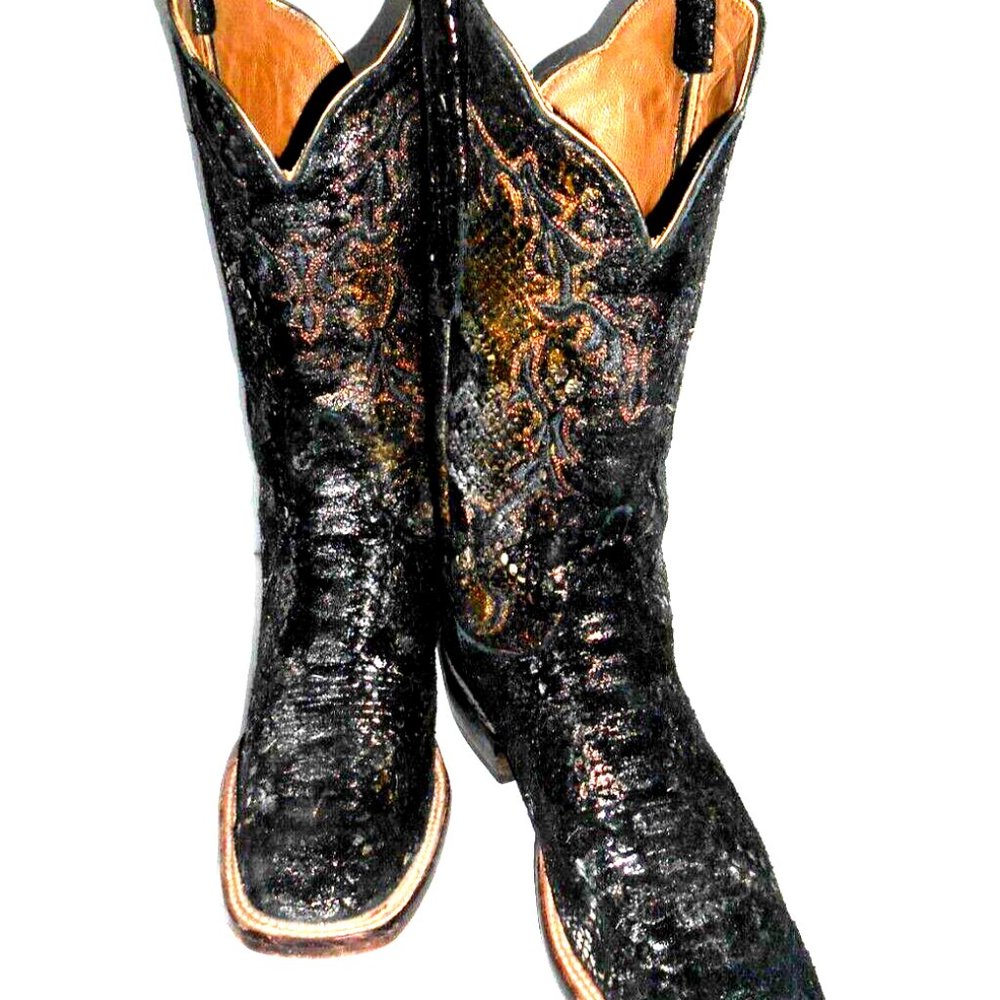 Lucchese Cowgirl 8 B Black Metallic Suede Snake Print Leather Sole Boots SQ Toe